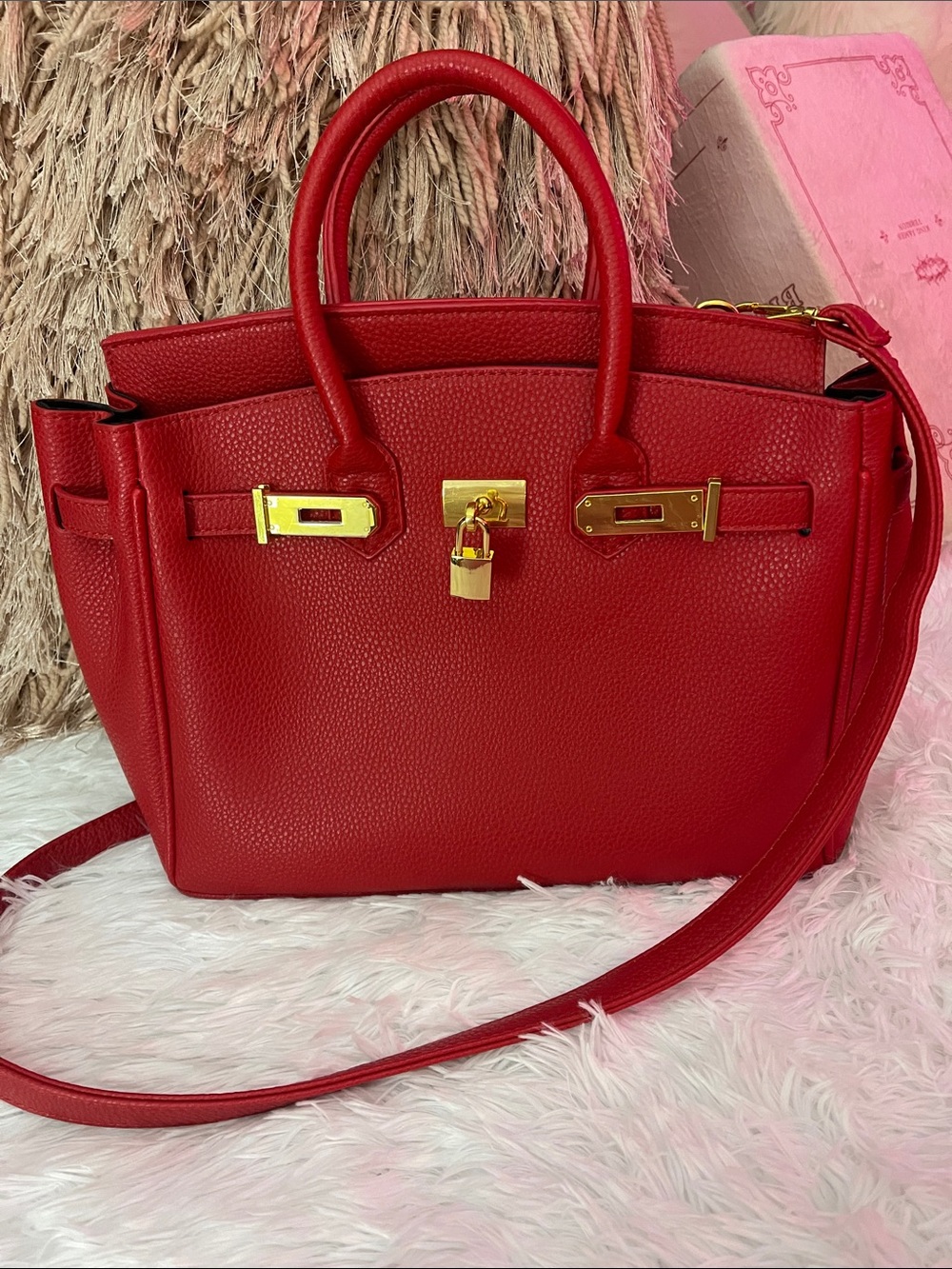Red Women's Structured Satchel Handbag with Gold Hardware